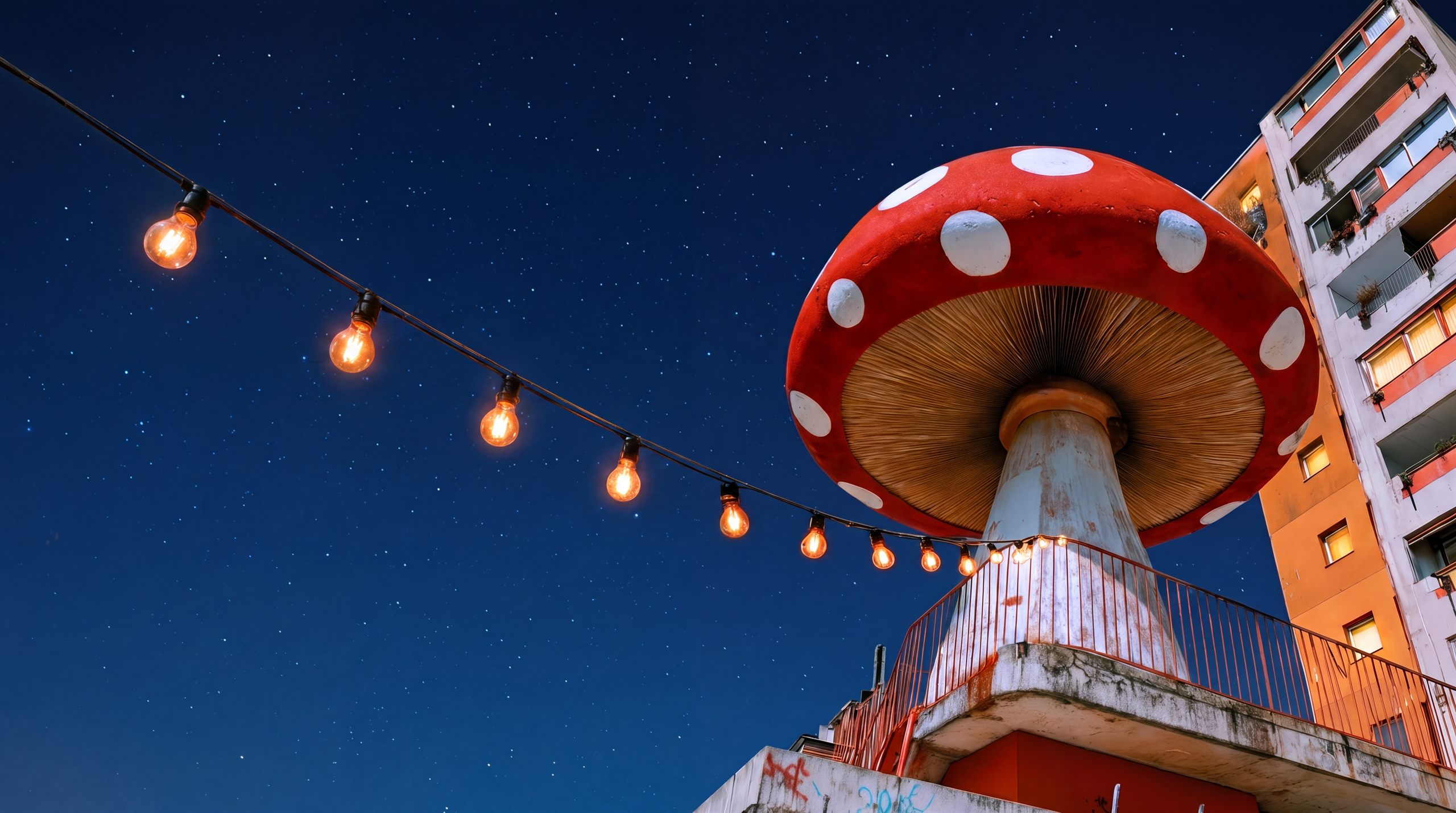 A giant fly agaric sculpture on a rooftop, string lights, apartment blocks, the sky changing with the time of day